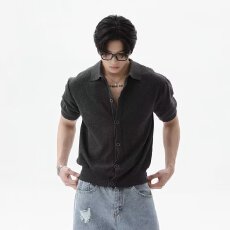 批发美式淘潮设计感针织短袖男女夏季潮新款ing凉感翻领半袖开衫T恤