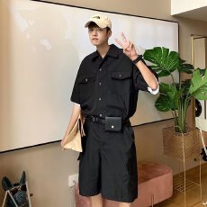 批发连体 送腰带包】工装二罗套装男<b class='q'>夏</b>季宽松短袖衬衫男短裤连体一套