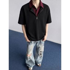 批发大码鹿野日系复古polo衫男夏季重磅宽松拉链<b class='q'>翻领</b><b class='q'>男士</b>短袖<b class='q'>t</b><b class='q'>恤</b>潮牌