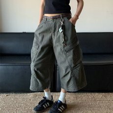 批发重工陨石水洗做旧多口袋七分裤男女宽松褶皱直筒工装裤潮原宿气质