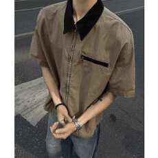 批发水洗纯棉】夏季气质复古户外撞色翻领工装短袖<b class='q'>衬衫</b><b class='q'>男</b>宽松半袖<b class='q'>衬衣</b>