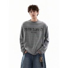 美式揭潮坊条纹字母印花2026长袖T恤男春夏宽松情侣休闲打底上衣