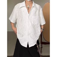 批发夏季揭潮坊薄款褶皱短袖<b class='q'>衬衫</b><b class='q'>男</b>休闲运动痞帅港风设计感复古<b class='q'>衬衣</b>