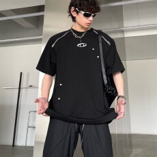 小众揭潮坊拉链露肩圆领t恤男女夏宽松立体设计短袖垫肩上衣打底