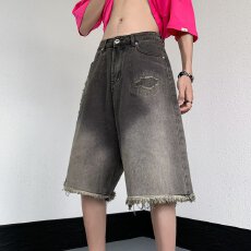 批发微弹几何水洗做旧五分裤潮宽松直筒夏季男青<b class='q'>春</b>流行中腰牛仔裤拉链