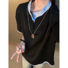2026揭潮坊夏季拼接假两件短袖男女潮牌宽松情侣休闲条纹百搭T恤