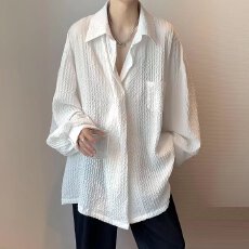 批发韩国乐淘淘轻奢高级时尚长袖<b class='q'>衬衫</b>褶皱肌理纹<b class='q'>韩版</b>宽松轻熟风<b class='q'>男</b>上衣