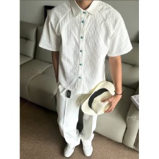 批发短袖凯尊度衬衫男夏薄款cleanfit老钱boxy绿松石肌理褶皱衬衣<b class='q'>潮</b>