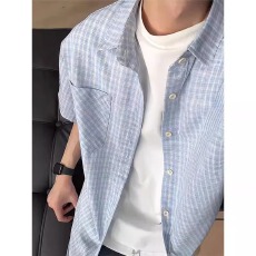批发cleanfit008蓝白格子短袖衬衫<b class='q'>男</b>夏季薄款高街学院风正肩翻领外套