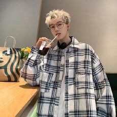 批发格子揭<b class='q'>潮</b>坊刺绣字母长袖衬衫男生春秋新款日系<b class='q'>潮</b>牌衬衣高级感外套