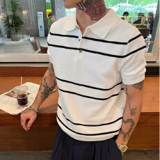 批发夏季魔方美式简约商务休闲条纹<b class='q'>男士</b><b class='q'>翻领</b>短袖Polo衫男纯棉短袖<b class='q'>T</b><b class='q'>恤</b>