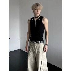 批发夏季元宝T恤铆钉亨利拉链高街设计男士短袖cleanfit重磅半袖美式