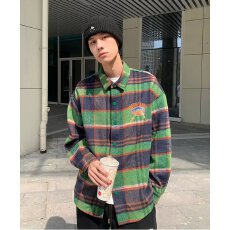 批发美式揭<b class='q'>潮</b>方复古绿色格子毛呢彩色字母毛巾绣花衬衫男宽松衬衫外套