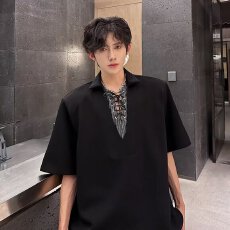 2026侠魁夏季设计师款老钱风重磅撞色V领编织绳装饰男短袖上衣T恤