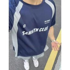 批发美式凯宾 度机车风短袖t恤男夏季潮牌百搭上衣拼接条纹印花半袖衫
