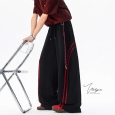 批发美式火爆复古baggy条纹撞色卫裤男<b class='q'>夏</b>垂感阔腿裤宽松休闲运动长裤