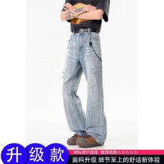 批发美式新汇佳做旧磨破水洗牛仔裤男女痞帅休闲设计感百搭直筒裤子<b class='q'>夏</b>