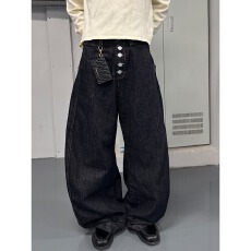 批发2026大弟春<b class='q'>夏</b>复古排扣弯刀原牛宽松廓形baggy立体牛仔裤男女长裤