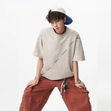 批发美式优质拼接印花短袖T恤男士宽松大码设计感小众夏季ins潮流半袖