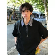 批发假两件左右衬衫领卫衣男春<b class='q'>秋</b>季薄款潮牌短袖t恤拉链内搭打底衫男