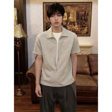 批发短袖男鹿野夏季重磅纯色男潮牌宽松休闲半袖t恤翻领拉链开衫上衣