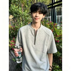 批发男生老铁半拉链短袖美式高街cleanfit正肩重磅t恤短款痞帅五分袖