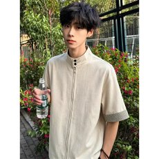 批发新中式搭配轻熟风立领衬衫男短袖<b class='q'>商务</b>休闲百搭修身高级感白衬衣潮