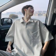 批发2026聚<b class='q'>潮</b>华夫格钮扣口袋宽松翻领短袖T恤男夏休闲半袖上衣polo衫