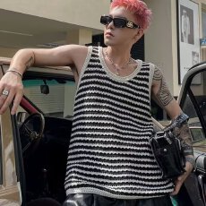 针织揭潮坊镂空背心男夏季美式复古条纹无袖t恤青少年两根筋坎肩