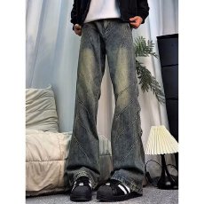 褶皱杜哒哒设计感牛仔裤男夏小众美式高街痞帅裤子显瘦直筒微喇裤