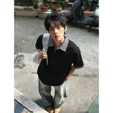 批发美式国<b class='q'>潮</b>格纹拼接POLO衫短袖t恤男女老钱风复古宽松百搭休闲半袖