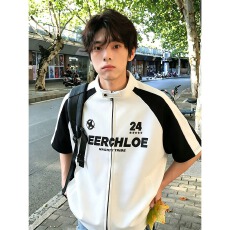 批发美式国<b class='q'>潮</b>重磅撞色拼接开衫短袖男女夏季小众机车立领t恤情侣半袖