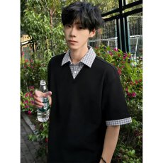 批发美式众优汇格纹拼接polo半袖t恤夏季新款V领正肩假两件修身上衣<b class='q'>潮</b>