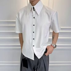 批发2026玩潮<b class='q'>男士</b>冰丝<b class='q'>衬衫</b><b class='q'>短袖</b>夏季潮牌痞帅高级感竖条纹薄款休闲<b class='q'>衬衣</b>
