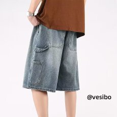 批发五分淘潮牛仔短裤男<b class='q'>夏</b>季薄款宽松直筒ins潮牌阔腿裤子男休闲中裤