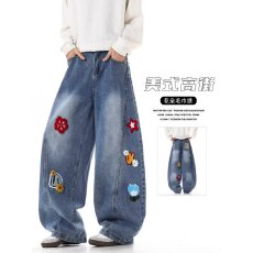 批发牛仔布叁洪刺绣裤子男2026新款春秋宽松休闲百搭阔腿直筒工装裤子