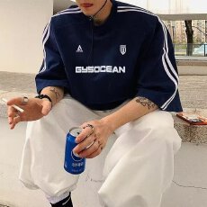 批发国潮牌文艺重磅宽松三条杠短袖卫衣男生春夏复古圆领休闲无帽上衣