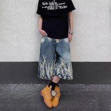 批发美式玩裤水洗扎染火焰设计牛仔短裤男<b class='q'>夏</b>季潮牌宽松休闲直筒七分裤