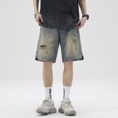 批发<b class='q'>夏</b>天浩威薄款破洞牛仔短裤男宽松直筒五分裤男韩版潮流日系中裤子