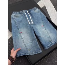 批发潮牌派牛抽绳松紧腰水洗牛仔短裤男女复古<b class='q'>夏</b>季宽松百搭五分裤中裤