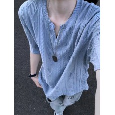 镂空提花老钱风常青树网孔V领T恤衫男女夏季透气短袖半袖上衣