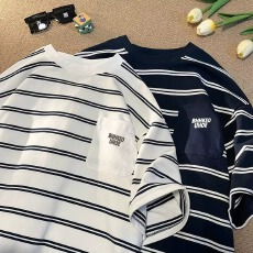夏季缘创条纹圆领短袖T恤男港风潮牌宽松复古情侣休闲五分袖上衣