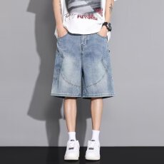 批发美式淘潮水洗复古做旧<b class='q'>牛仔裤</b>男夏季新款潮牌宽松直筒休闲五分裤