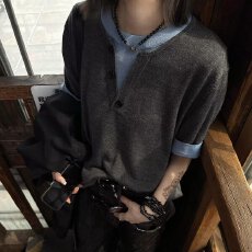 批发假两件状元坊针织衫男韩版高级感痞帅短袖<b class='q'>毛衣</b>时尚宽松百搭上衣