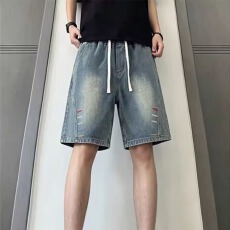 批发夏季浩威美式休闲痞帅水洗复古破洞牛仔短裤男直筒宽松潮牌五分裤