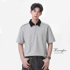 批发美式国<b class='q'>潮</b>撞色半拉链刺绣polo衫短袖男款夏季假两件设计感正肩半袖