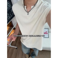 批发美式良田肌理感V领<b class='q'>背心</b><b class='q'>男</b>夏季薄款褶皱无袖T恤痞帅运动汗衫坎肩