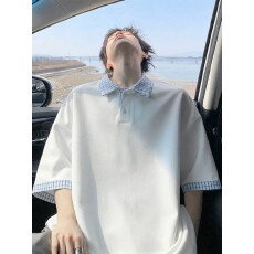 索罗娜格子常青树拼接POLO衫短袖男夏季翻领宽松半袖T恤上衣服