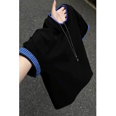 曼巴棉假两件常青树格子拼接短袖男款夏季半袖撞色正肩圆领t恤