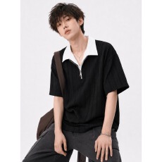 批发肌理感国潮半拉炼撞色短袖polo衫男<b class='q'>夏</b>重磅正肩翻领t恤宽松五分袖